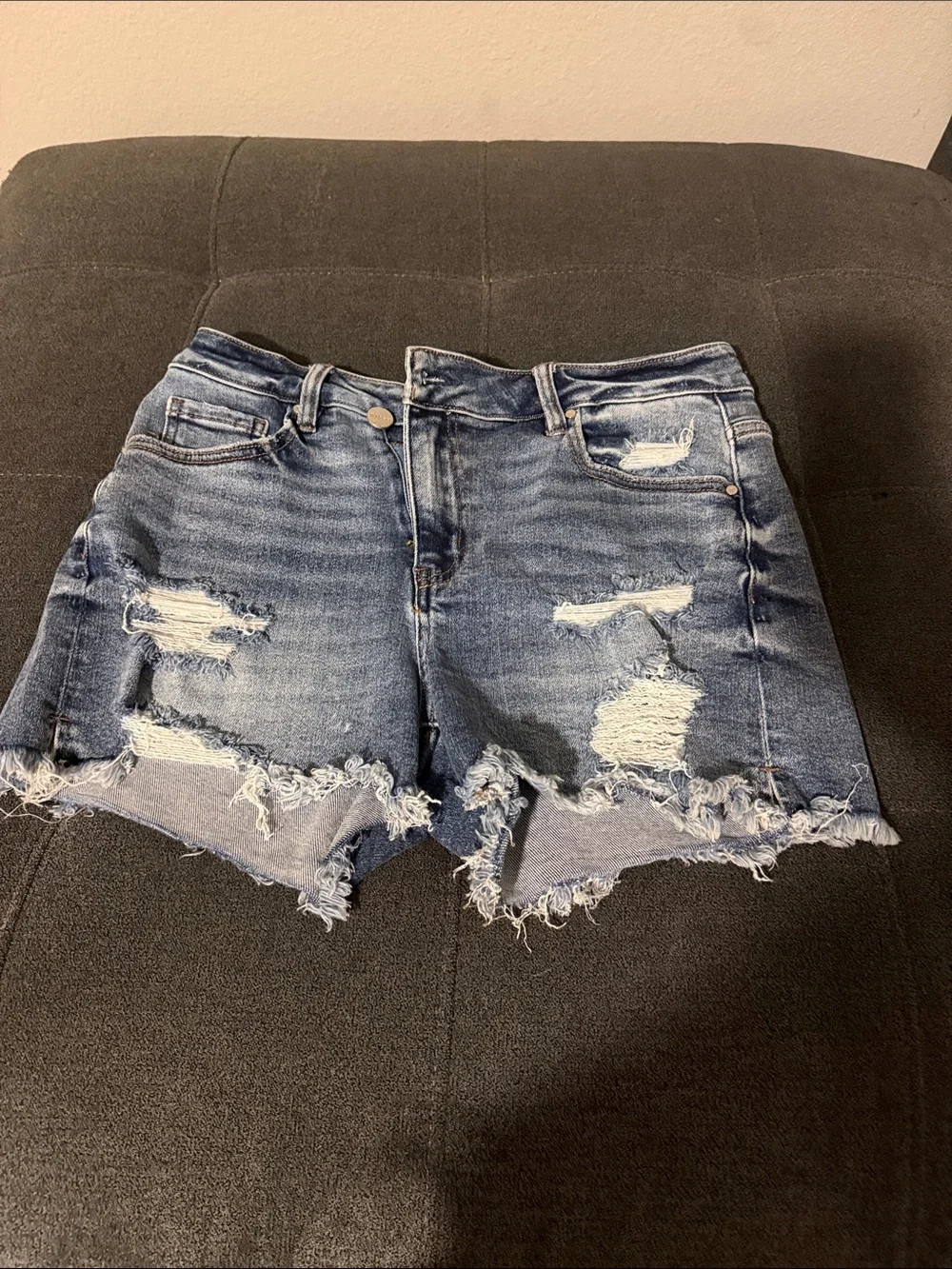 High-Rise Distressed Denim Shorts - Blue